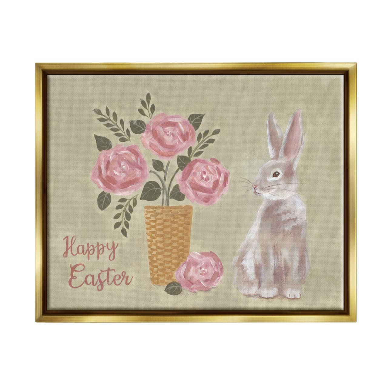 Stupell Industries Happy Easter Bunny Rose Bouquet Floater Framed Art
